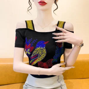 High Quality Sexy Off Shoulder Mesh Women T-Shirt Fashion Hot Diamonds T Shirt Female Short Sleeve Summer Tee Shirts Tops
