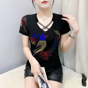 M-3XL Designer Cross V-neck Shiny Hot Diamond Mesh T-shirt Summer New High Quality Short Sleeve Tees Women's Top